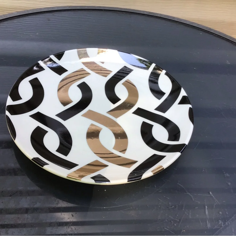 New in Box “Designer Set of (4) Dessert Plates, Embellished with/ 14K Gold”